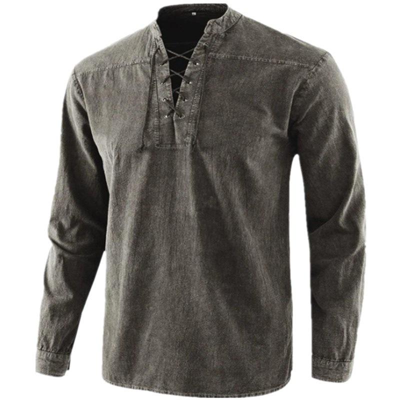 Herren Casual Leinen Langarmhemd Slim Fit Stehkragen Hemd Männer