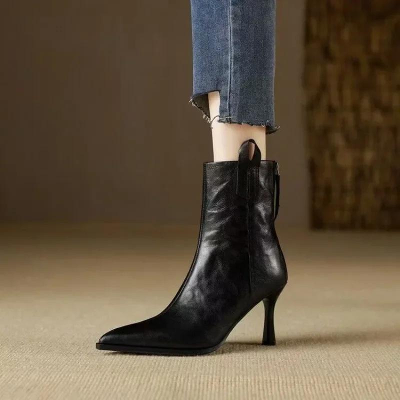 New Style Fashion Women's High Heel Short Leather Boots Female Pointed Thin Heel Boots Ladies Ankle Short Boots  Mujer