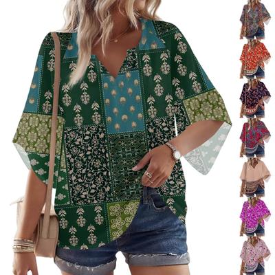 Women's 3/4 Sleeve V Floral Shirt Casual Loose Tunic Top