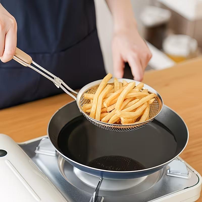 Escumadeira de Malha Fina em Aço Inoxidável com Cabo de Madeira Coador de Cozinha para Fritar Óleo de Cozinha Filtragem de Massa Macarrão