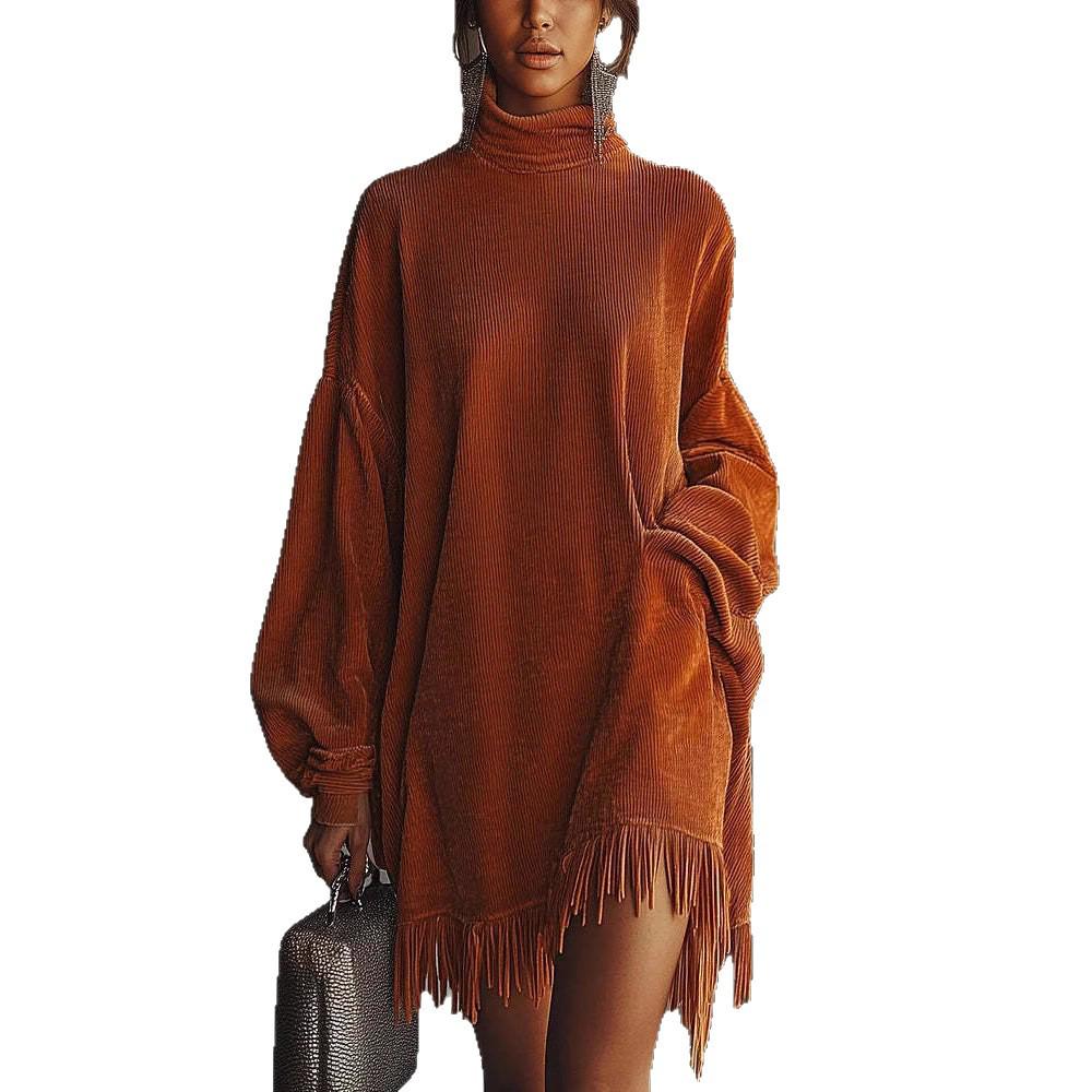 Elegant Loose Fringe Long Sleeve Corduroy Dress 2025
