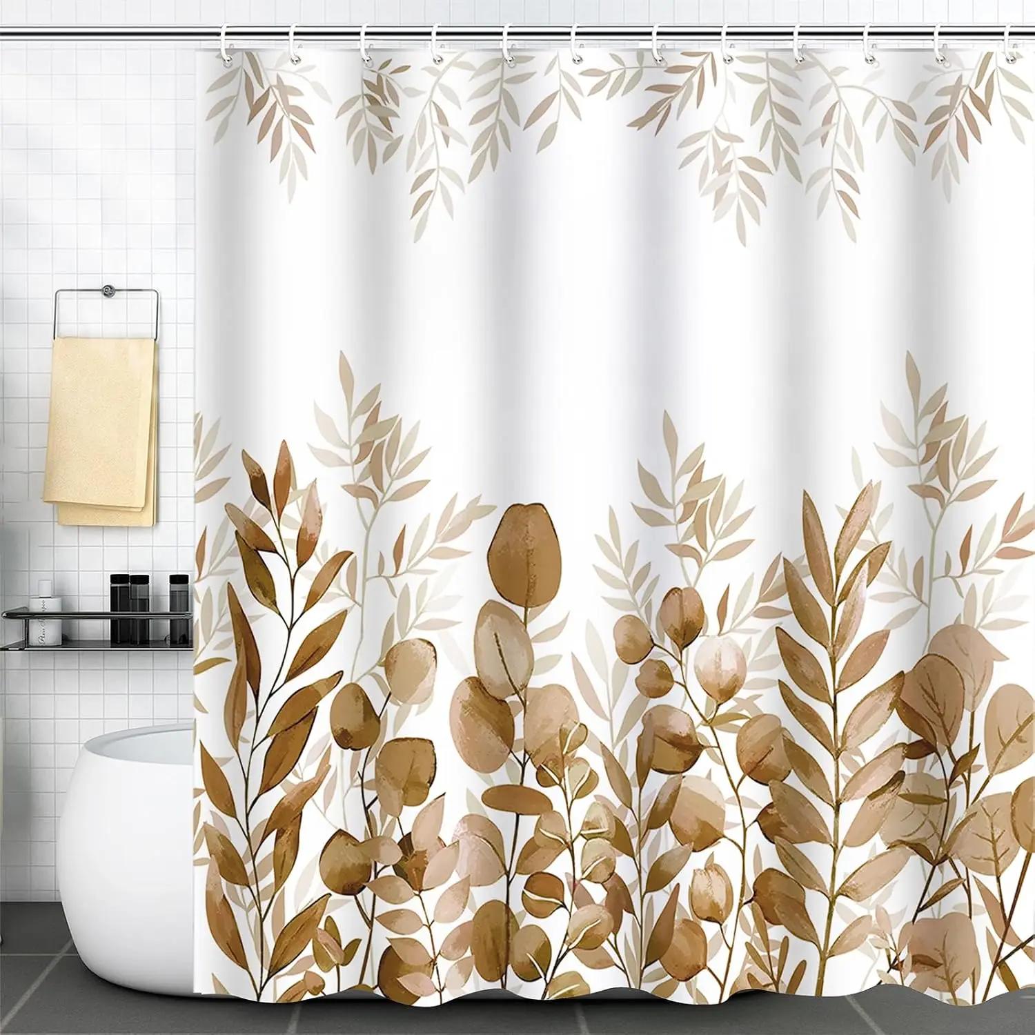 

Grey Tan Eucalyptus Leaves Shower Curtain, Beige Weeping Branches Design, Waterproof Fabric Bathroom Curtain 90x180cm