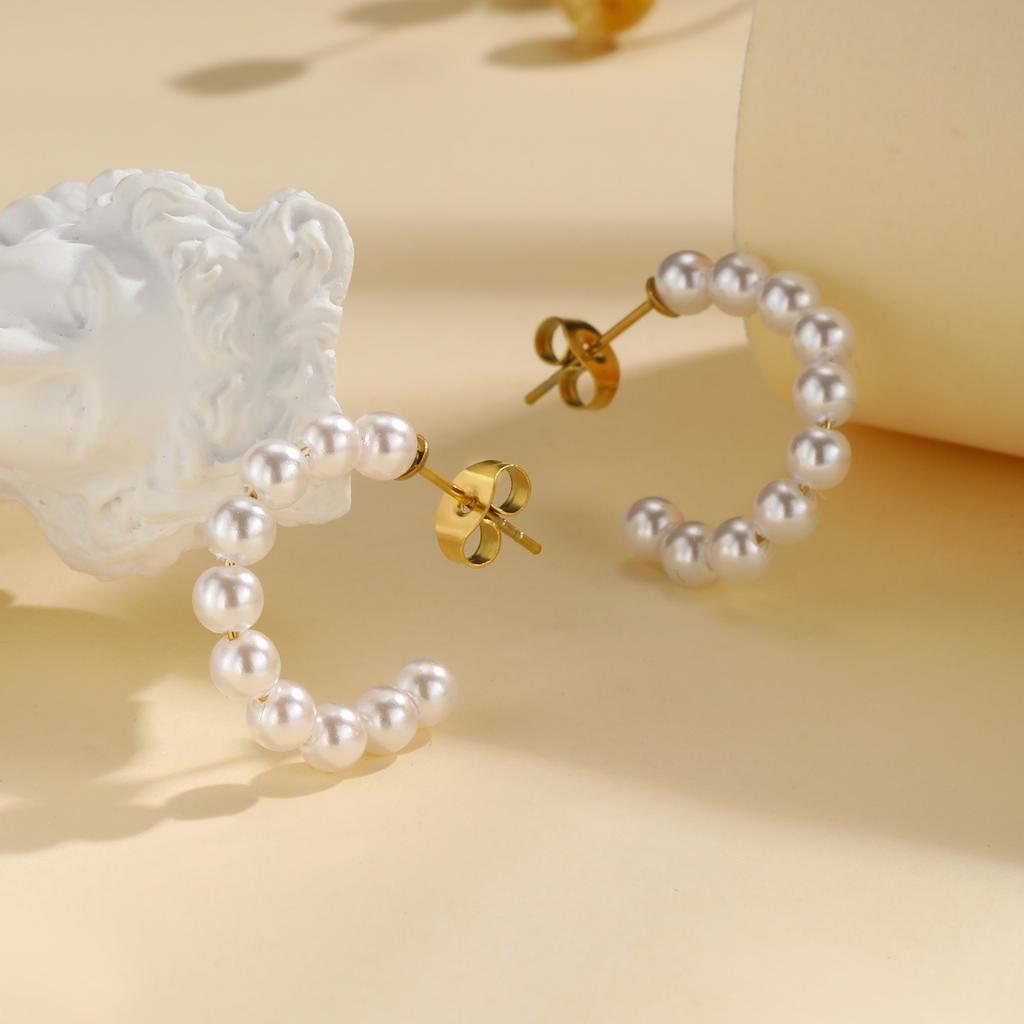 Vintage Pearl Hoop Earrings For Women, Waterproof Stainless Steel Fashion Hypoallergenic Girls Pearl Earrings