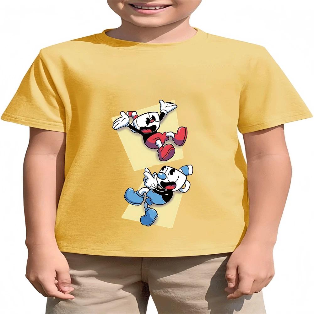 2026 Hot Sale Boys Girls Kids Cuphead Cotton T-Shirt Summer Fashion Cartoon Print 2-14Y