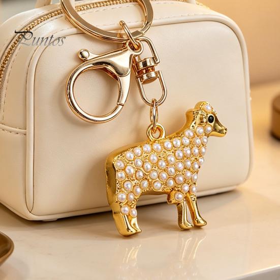 Metal Key Holder Faux Pearl Sheep Keychain, Zinc Alloy Lamb Car Ring Animal Keyring Pendant Holder, Handbags Backpacks Charm Decorative Accessory for
