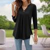 Women Tops V-Neck Button Decor 3/4 Sleeve Pullover Tops Solid Color Wrinkle Tee Shirt Casual Style Daily Wear
