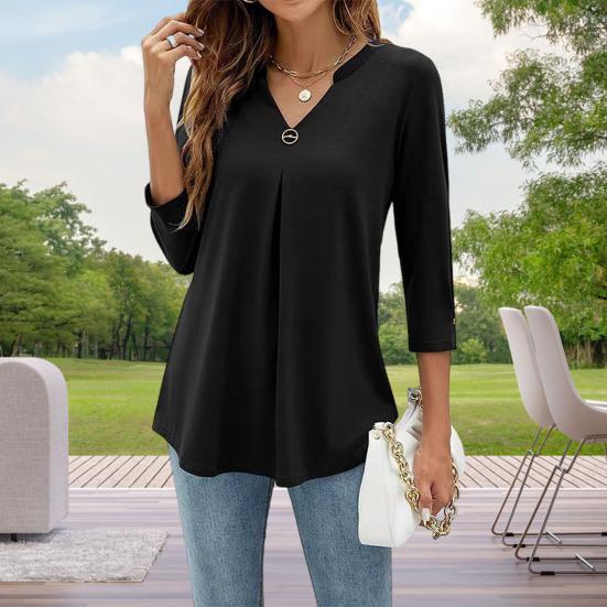 Women Tops V-Neck Button Decor 3/4 Sleeve Pullover Tops Solid Color Wrinkle Tee Shirt Casual Style Daily Wear