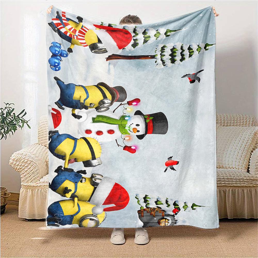 1Pc Christmas Minions Snowscape Blanket Soft Throw Blanket For Home Bedroom Bed Sofa Travel Office Solid Christmas Blanket