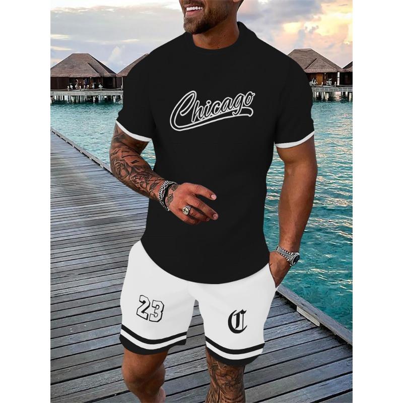 Men's Breathable Athletic Set Summer 3D Letter Print T-Shirt And Shorts Set Adult Lightweight Fitness Wear Casual Sportswear Set