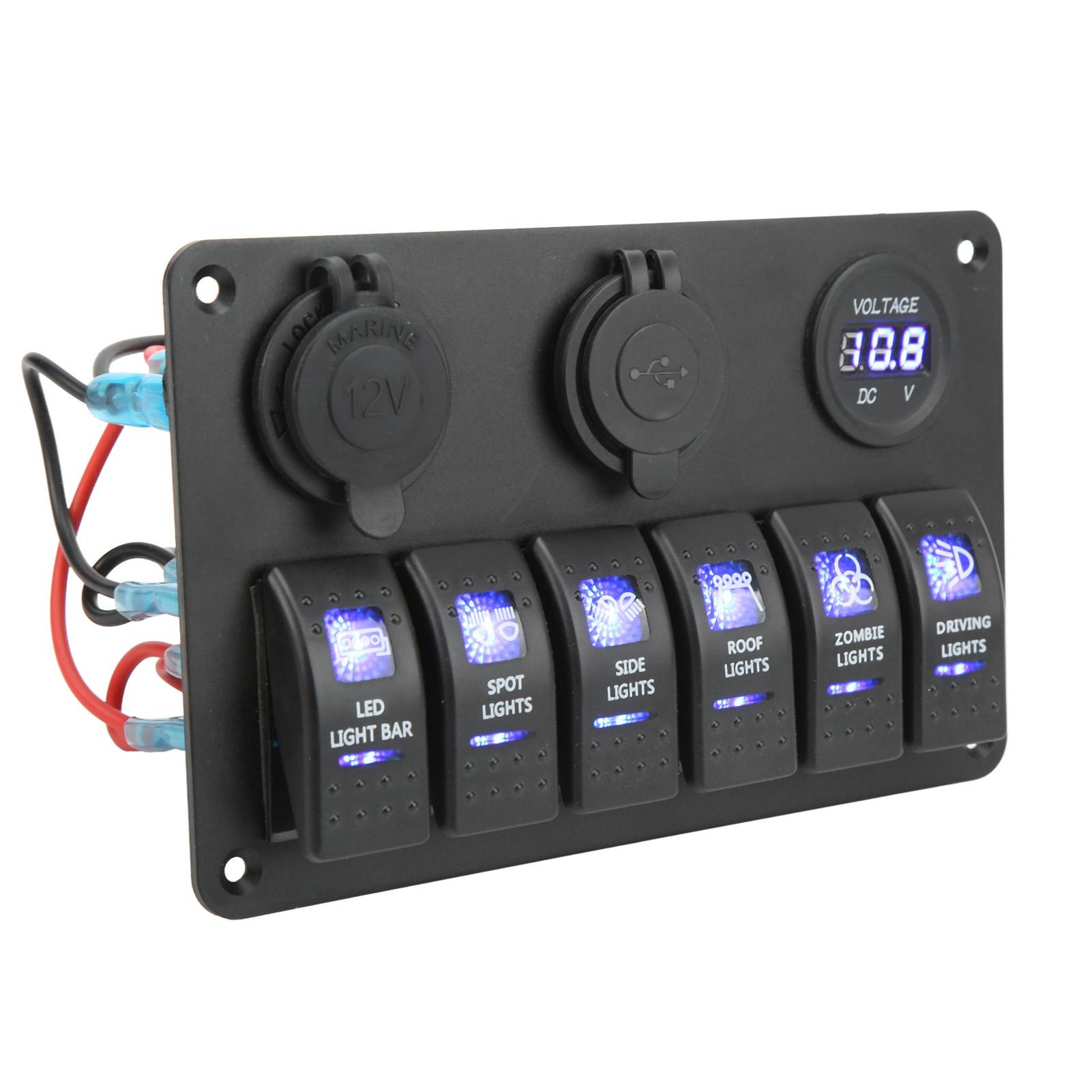 

12 В 24 В 6-клавишная клавишная панель с вольтметром, двумя портами USB, синей подсветкой, водонепроницаемая для