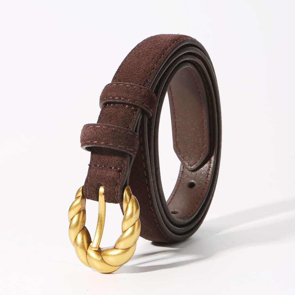 Genuine Leather Suede Women Belt Fashion Skinny Waistband Retro Gold Buckle Brown Belts for Jeans Pants and Dresses