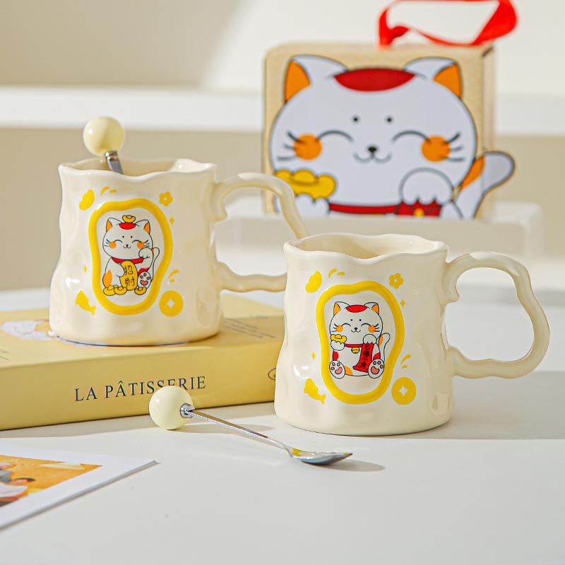 Cupa Ceramică Pisică Norocoasă Desen Animat Cupă Iregulară cu Aspect Înalt Cupă Creativă pentru Lapte/Mic Dejun Suvenir de Deschidere