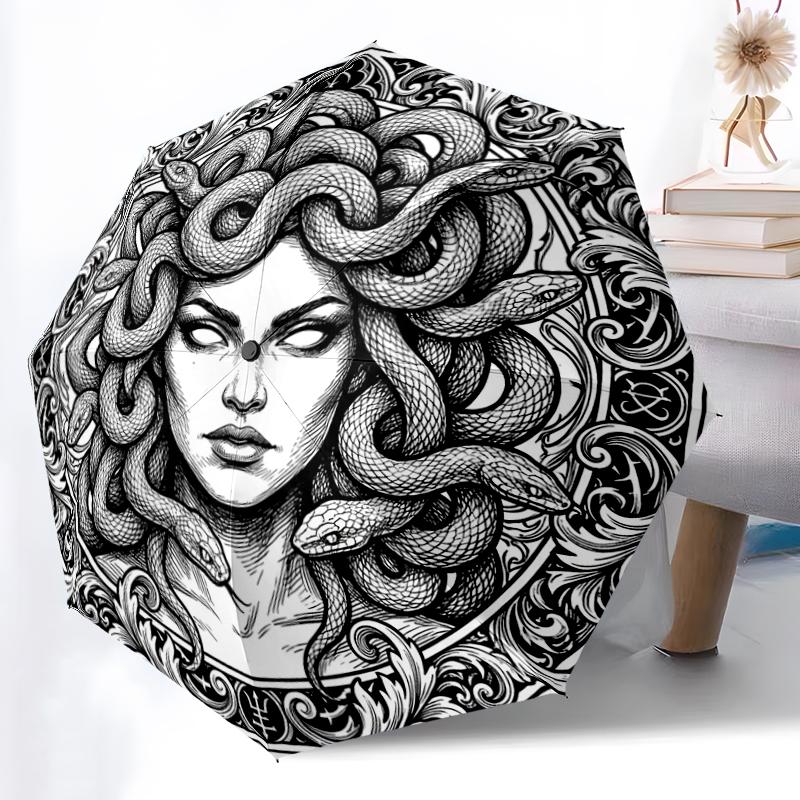 1pc Sturdy 8-Bone Auto Umbrella, Black Ornate Valknut Medusa Umbrella, Digital Printed, Foldable Umbrella for On-the-Go Outdoor Use