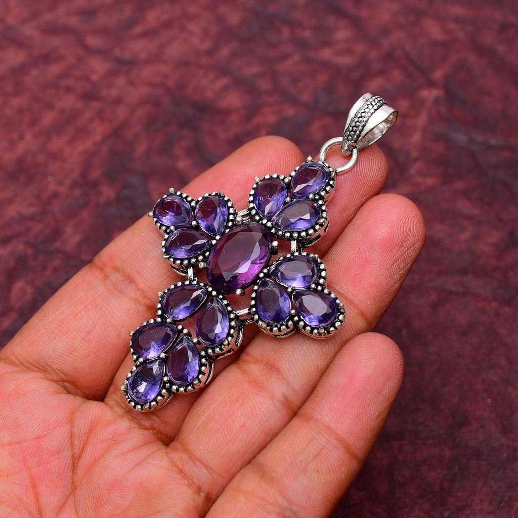 Awesome Amethyst Cross Shape Gemstone Pendant: 925 Sterling Silver Handmade Pendant Necklace Jewelry
