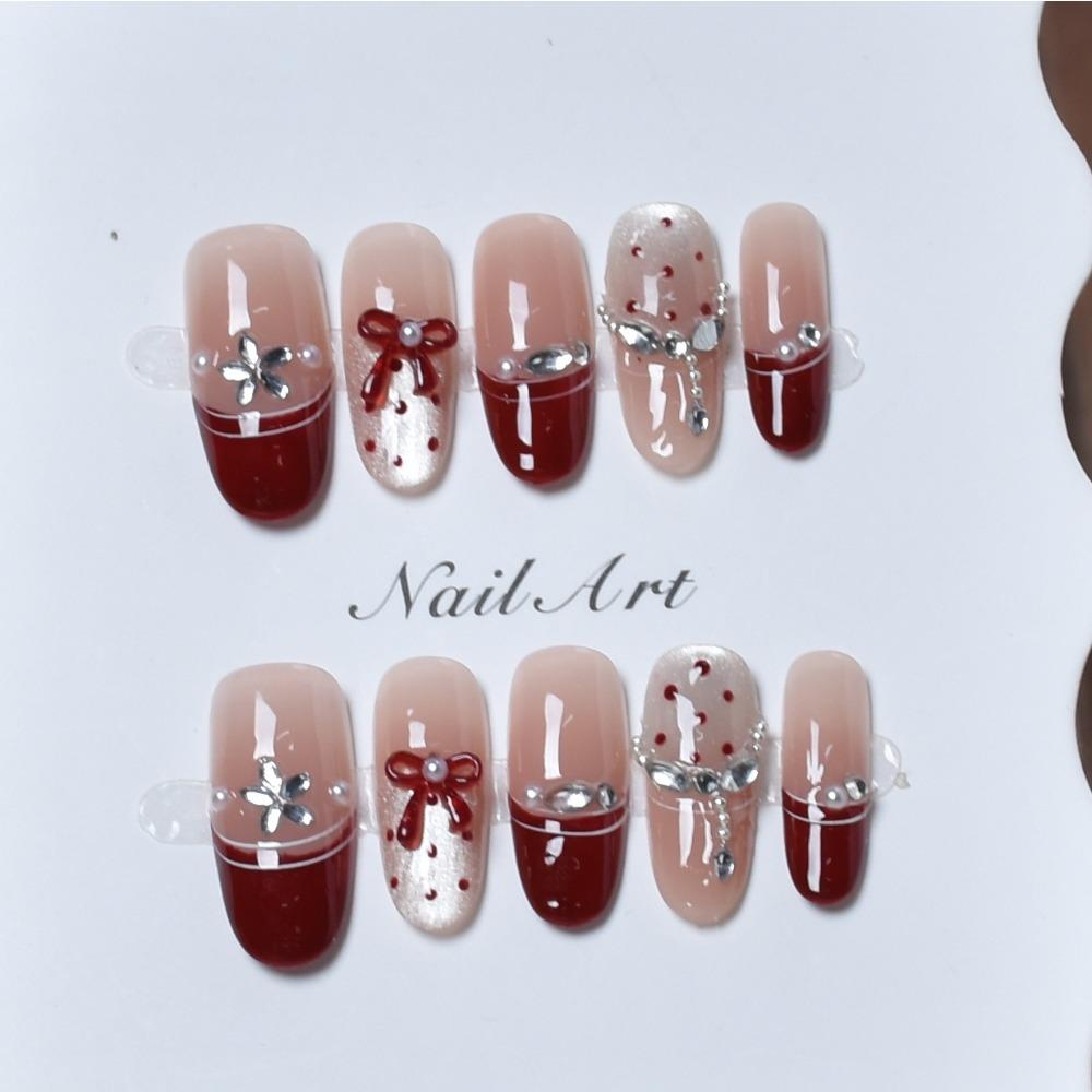 2026 New Wear Nail New Year's Red Nail Art Finished Fake Nail Patch Pure Handmade Cat's Eye Nail Patch
