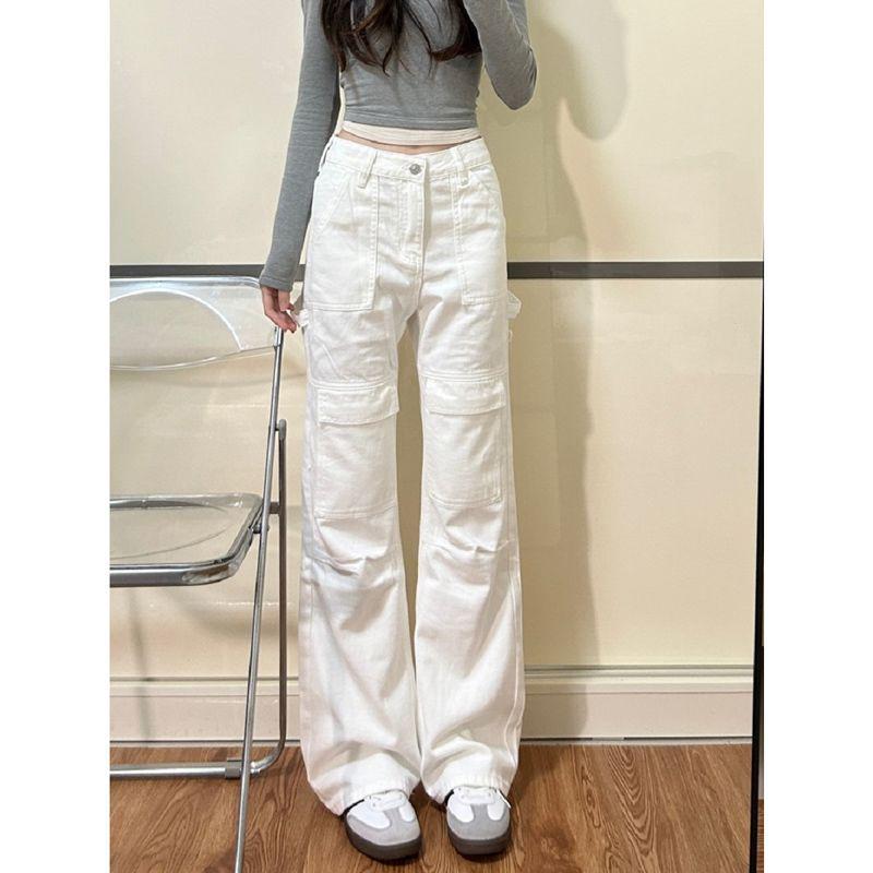 American Women s High-Waisted White Cargo Jeans, Summer Pear Shape Loose Fit, Slimming Straight-Leg, Floor-Length. XS
