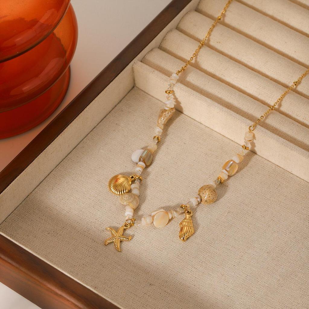 Stainless Steel Shell & Starfish Pendant Necklace - Summer Ocean Style