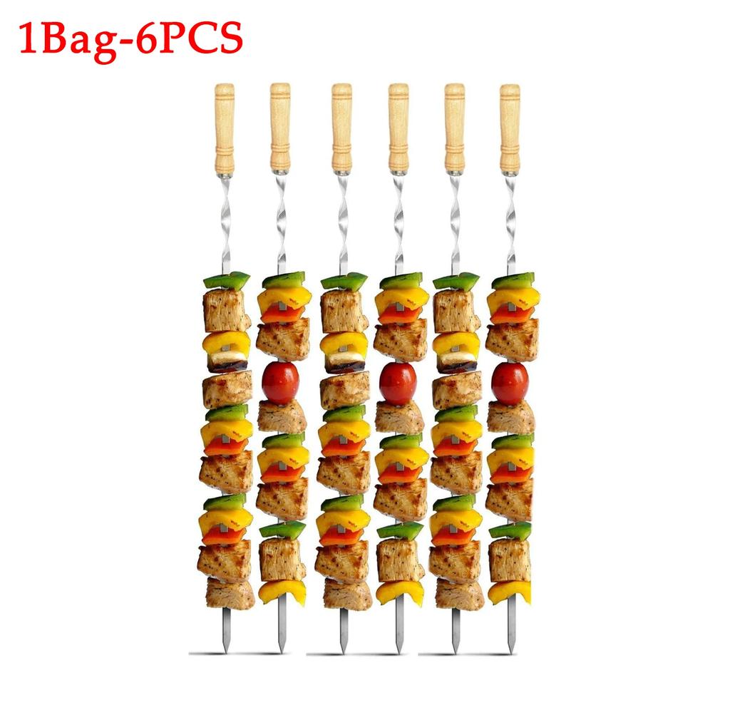 30PCS Barbecue Flat Stick Steel Brazier Wooden Handle Big Flat Stick Outdoor Barbecue Tools Stainless Steel Barbecue Stick