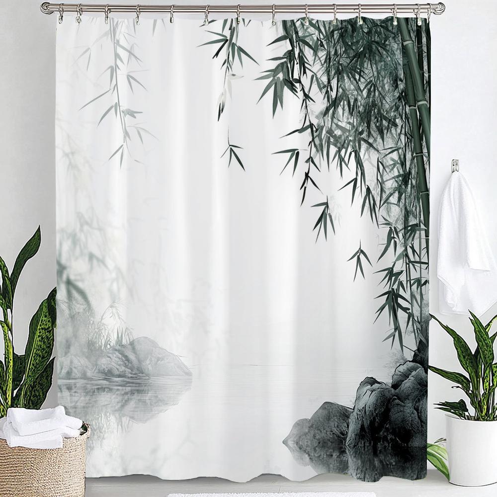

Chinese Ink Bamboo Forest Landscape Shower Curtain Partition Privacy Hanging Curtain With Hooks Multiple Size Machine Washable W60H190(CM)-1 Pcs