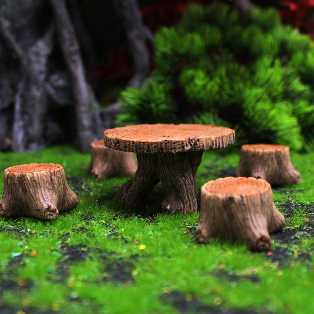 Amosfun Miniature Stump Table and Chair Miniature Model Chair Decorative Mini House Interior Garden Outdoor Resin Set, Figurine, Ornament,