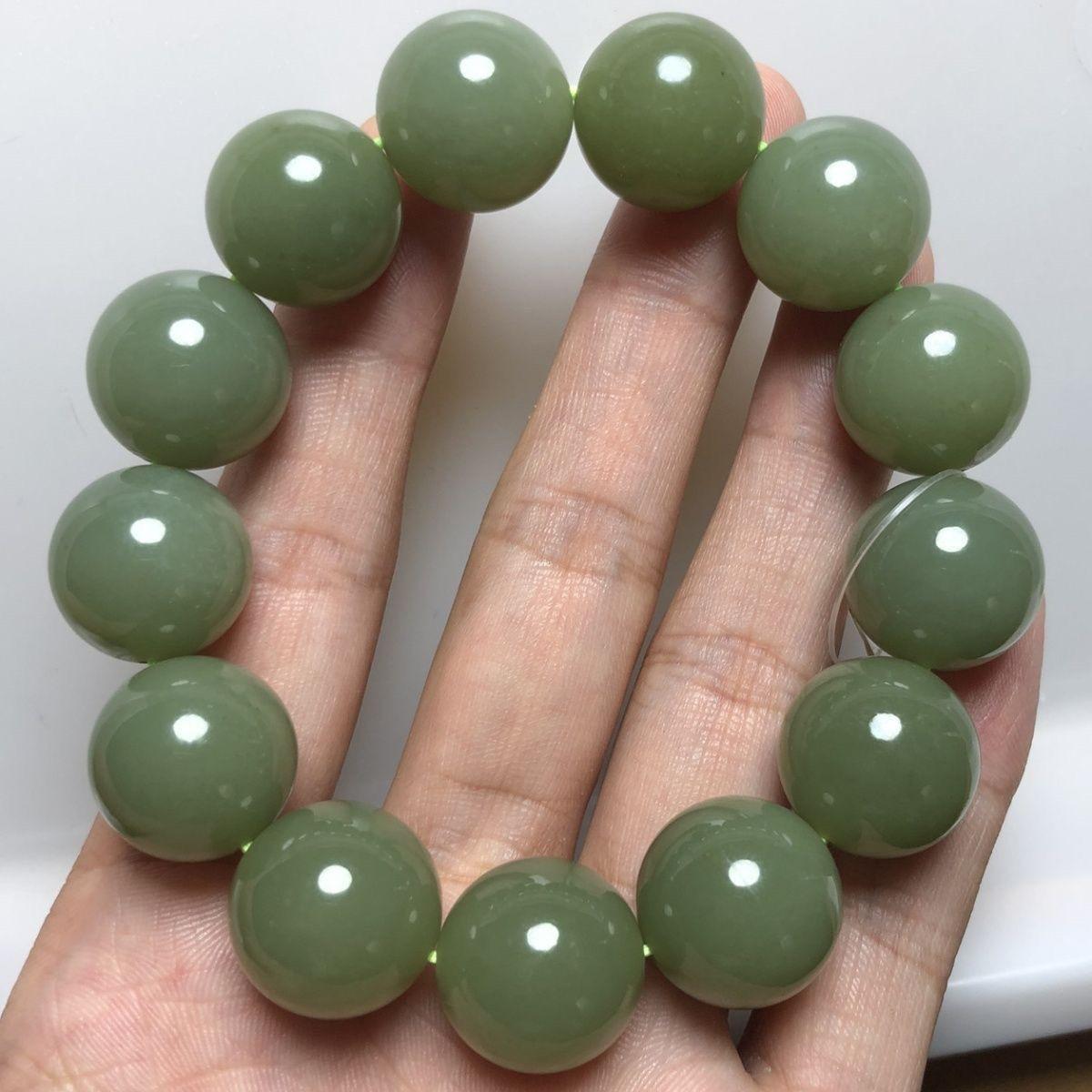 Chinese Jade Women's Light/Green 16Mm Natural Hetian Jade Chalcedony Beaded Bracelet Unisex Chinese Gemstone Jewelry Gift