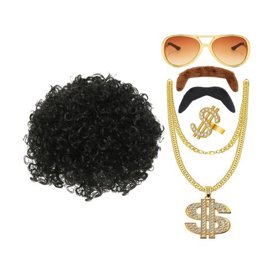 Wig Dress Up Set Necklace Ring Sunglasses Fake Moustache Vintage 80s Cosplay Party Disco Costume Photo Prop Performance Curly Wig
