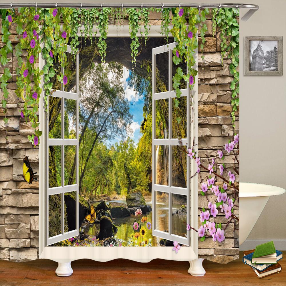 3D window opening scenery window landscape printed shower curtain mildew washable curtain bathroom decoration with hooks curtain
