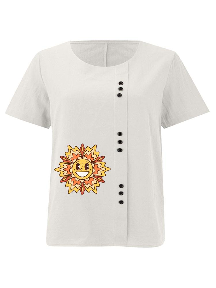 Women's Fashion Sunflower Print Casual Cotton Linen Short Sleeve Round Neck T-shirt Shirt Leisure Loose Summer Blouse Tops