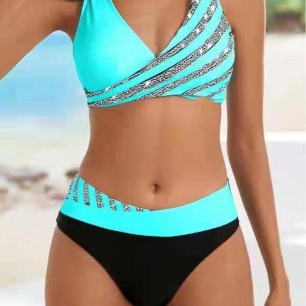 Set Bikini la Modă cu Imprimeu în Dungi, Costum de Baie Sexy din Două Piese, Costum de Baie cu Stil Fermecător