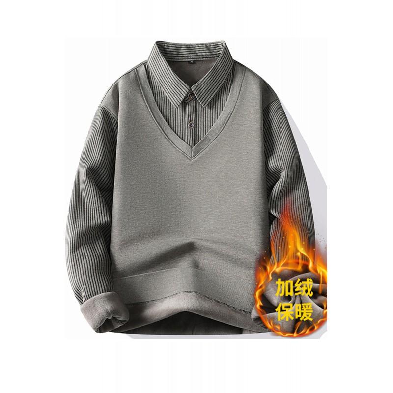 Mens Faux Two-Piece Knit Sweater With Shirt Collar Warm Winter Layering Top Long Sleeve