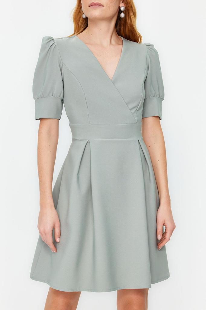 Women's Style Dress Black Double Breasted Neck Skater Mini Woven Dress with Opening Waist