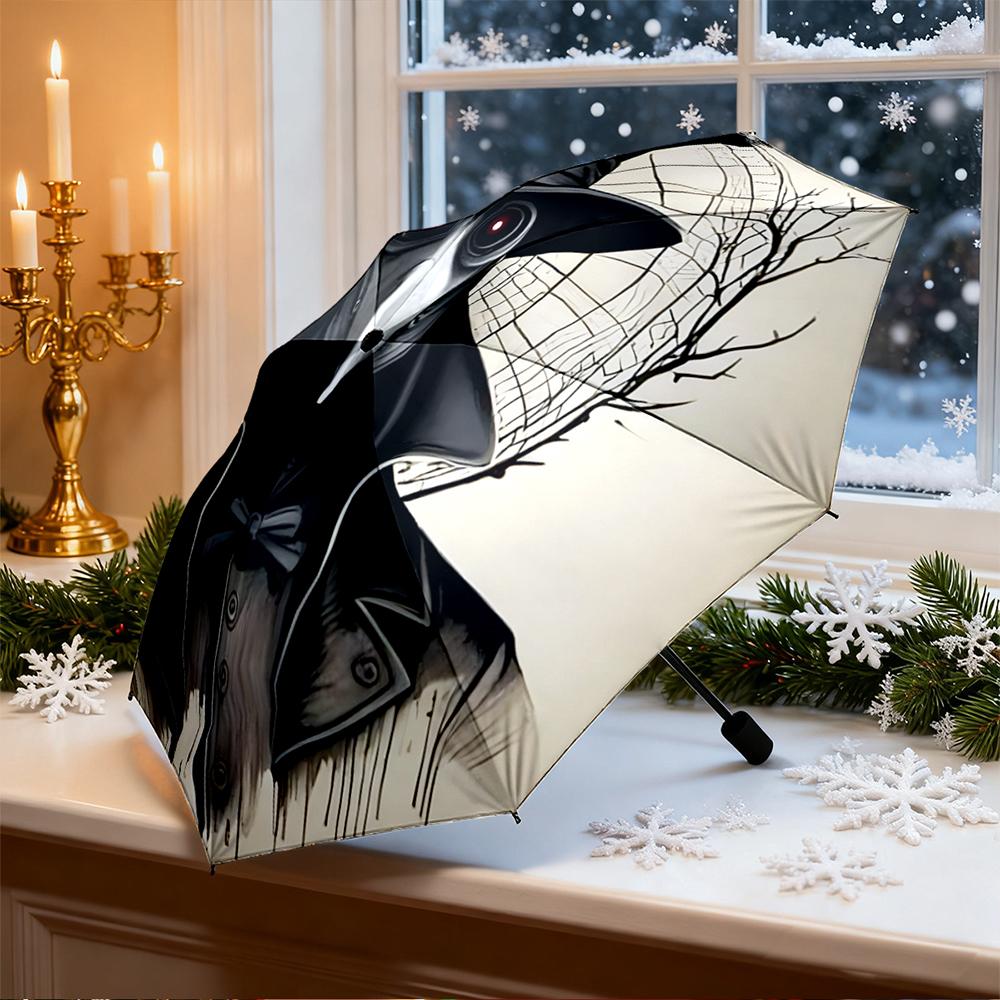 Automatic Umbrella with Victorian Plague Doctor Top Hat Portrait Print, Windproof Travel Umbrella for Adults, Outdoor Rain Gear