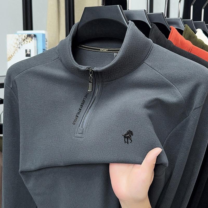 Men's Semi High Neck Zipper Long Sleeve T-Shirt Winter Solid Color Print Warm Fashion Casual Commute Men'swear