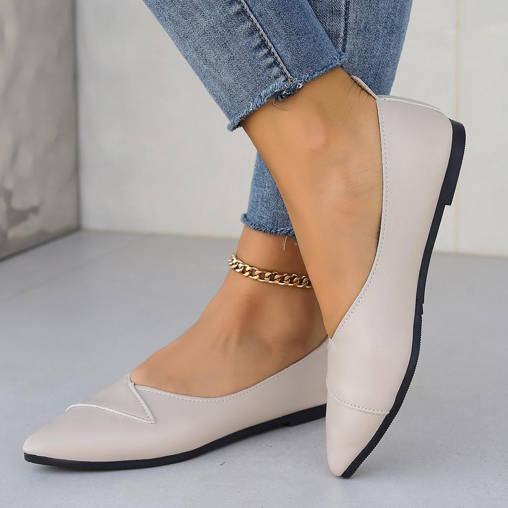 Women's Comfortable Solid Color Pointed Toe Low-cut Slip-on Flat Shoes, Suitable For Moms , Autumn, Pu Leather And Soft Bottom