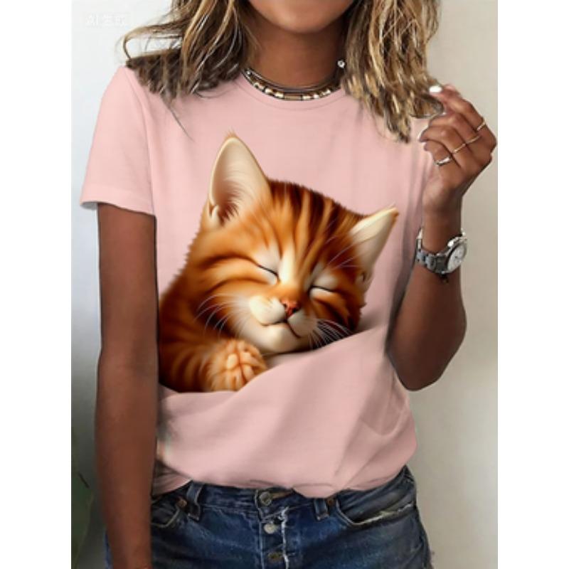 3D Cat Print T-shirt Women's Round Neck Short Sleeve Spring and Autumn Casual and Versatile