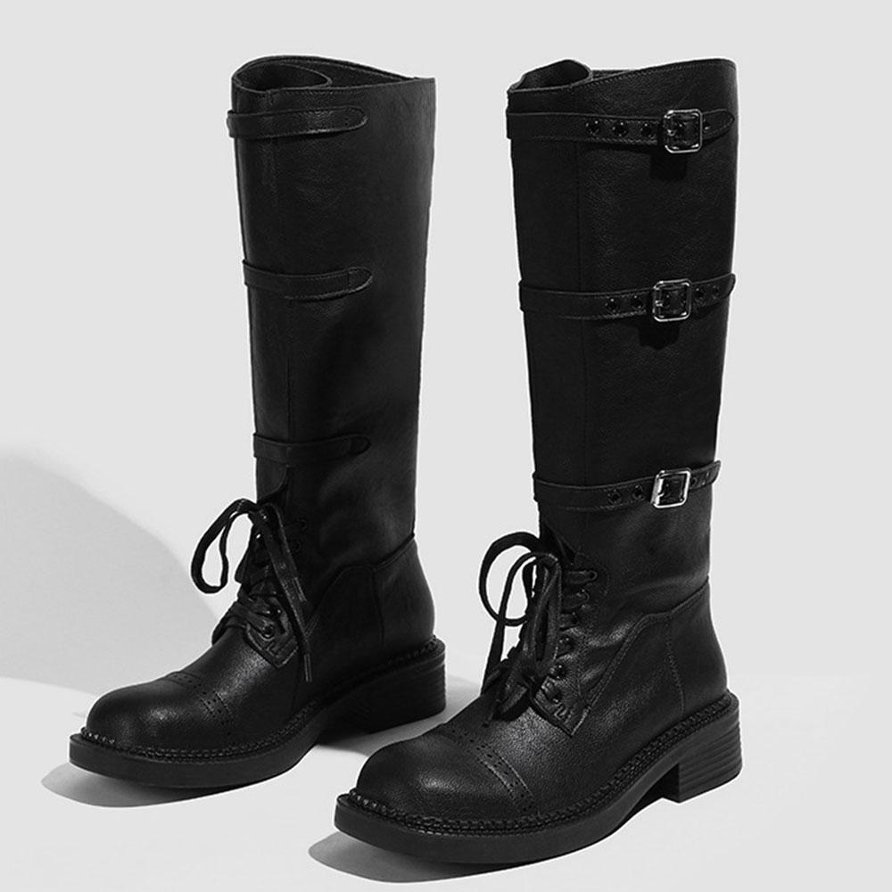 Women's Knee High Boots Vintage Belt Buckle Design Women's Boots Fashion Knight Boot Leather Long Tube Boots Botas Largas Mujer