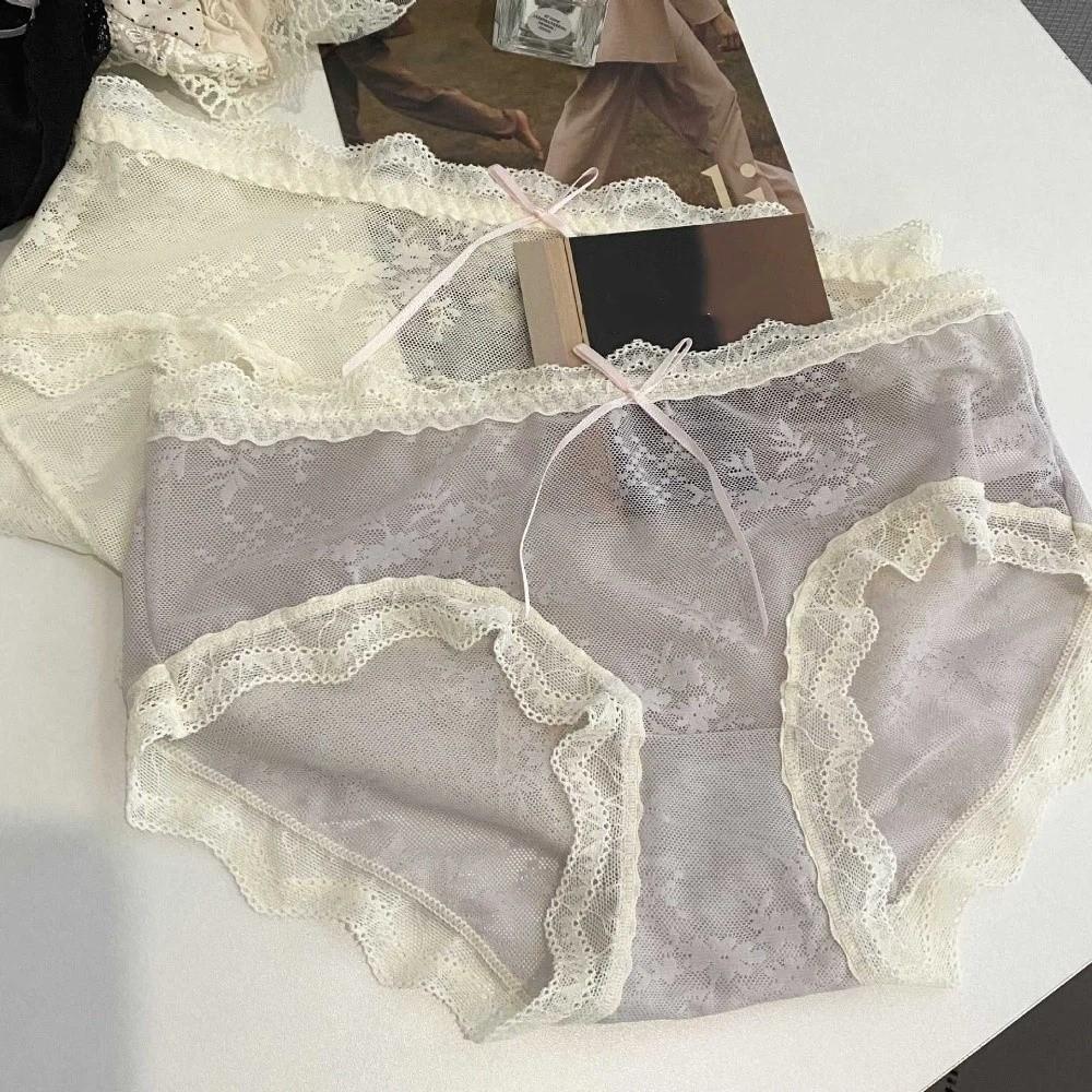 Sweet Mid Waist Lace Panties Cotton Crotch Briefs Underwear for Women Bow Transparent Mesh Lace Briefs Summer