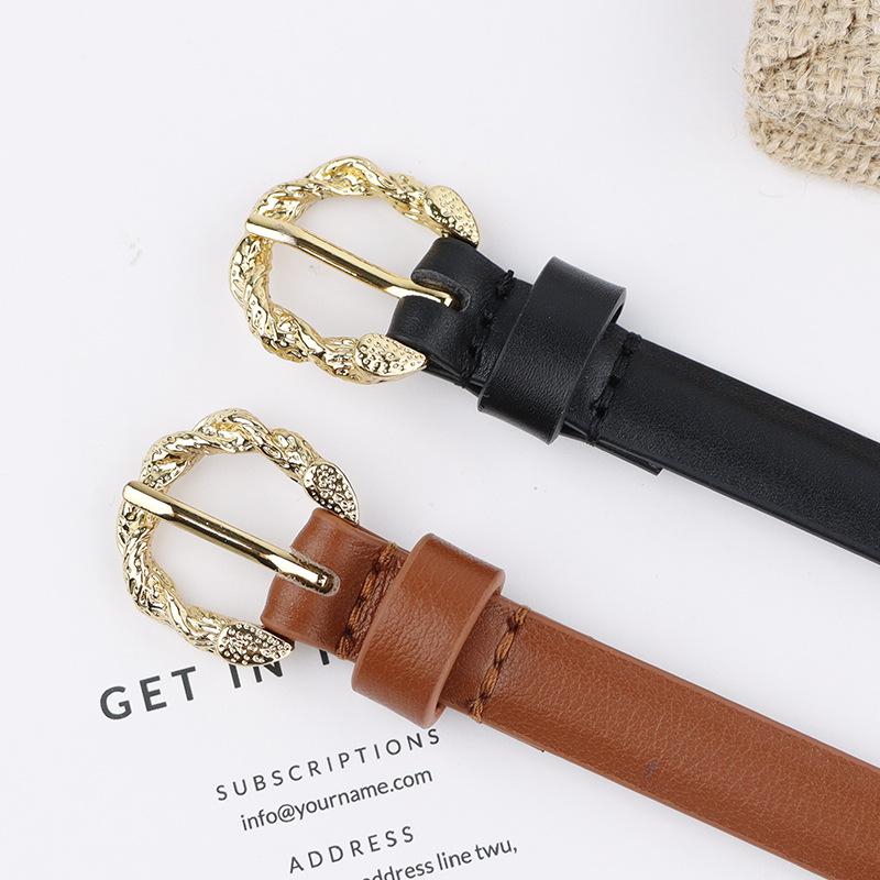 Small belt, new pattern round buckle, first layer cowhide pin buckle, thin belt, women's belt, waist belt