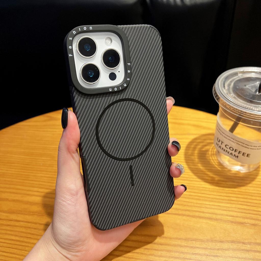 For Apple 16 Promax Thin Ring Magnetic Phone Case for Apple 15 Kevlar Carbon Brazing Pattern 14 Anti-fall