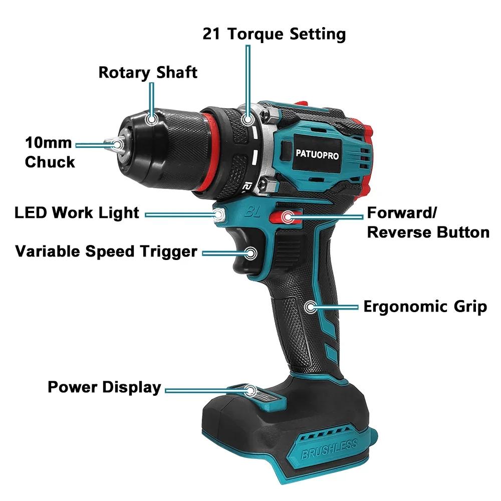 10mm Metal Chuck Brushless Electric Drill 2-Speed Cordless Compact Drill Screwdriver Power Tools For Makita 18V Battery