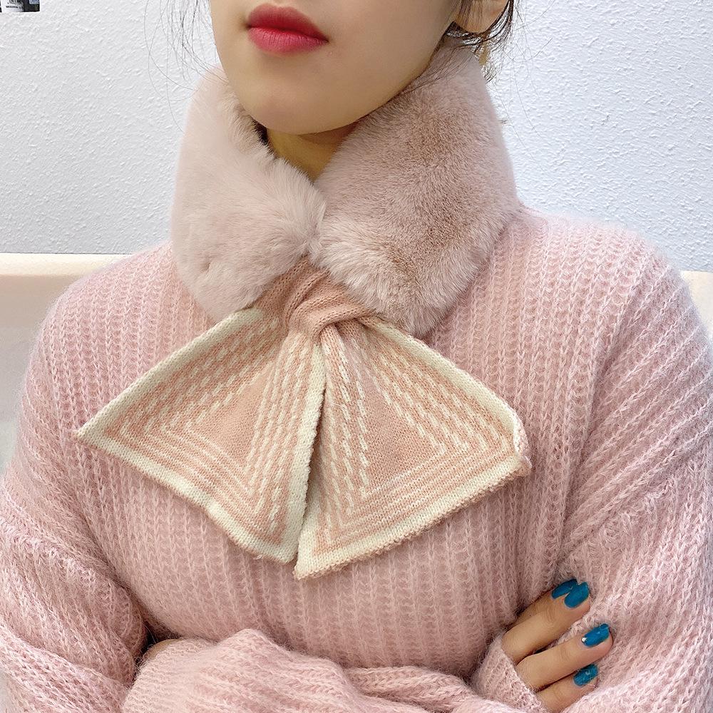 Pletená vlněná šála v korejském stylu s plyšovým akcentem - Hřejivý zimní nákrčník pro ženy a studenty