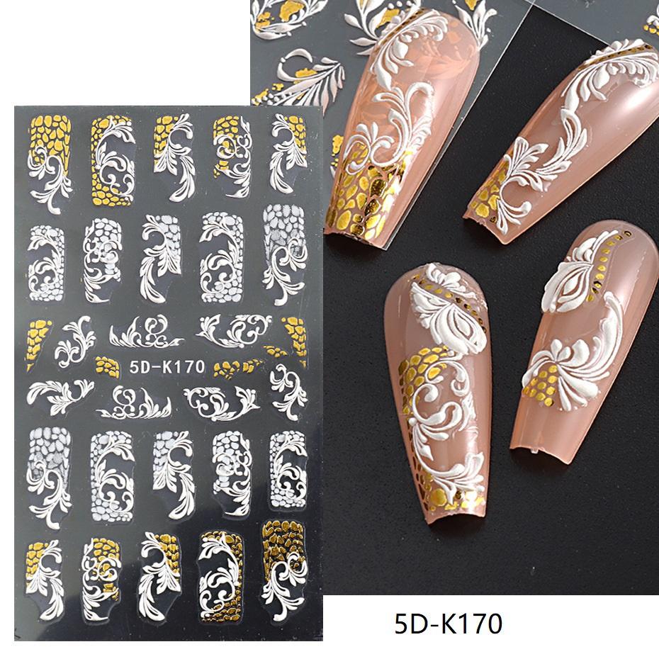 Bröllopsnagelklistermärke Spets Bröllopsdesign 5D Akryl Blommor präglad skjutreglage för naglar Fransk Nail Art Guide Guldfolie