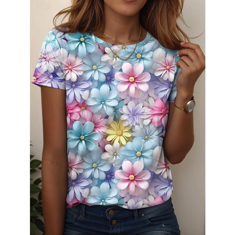 2025 Women's T Shirt Floral Graphic Fashion Stylish Classic Short Sleeved Crew Neck Regular Tops Daily Weekend Prints Summer
