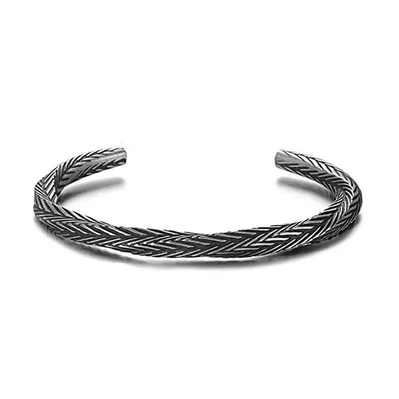 2023 Retro Men's Geometric Woven Cable Open Bangle in Silver-Plated Copper