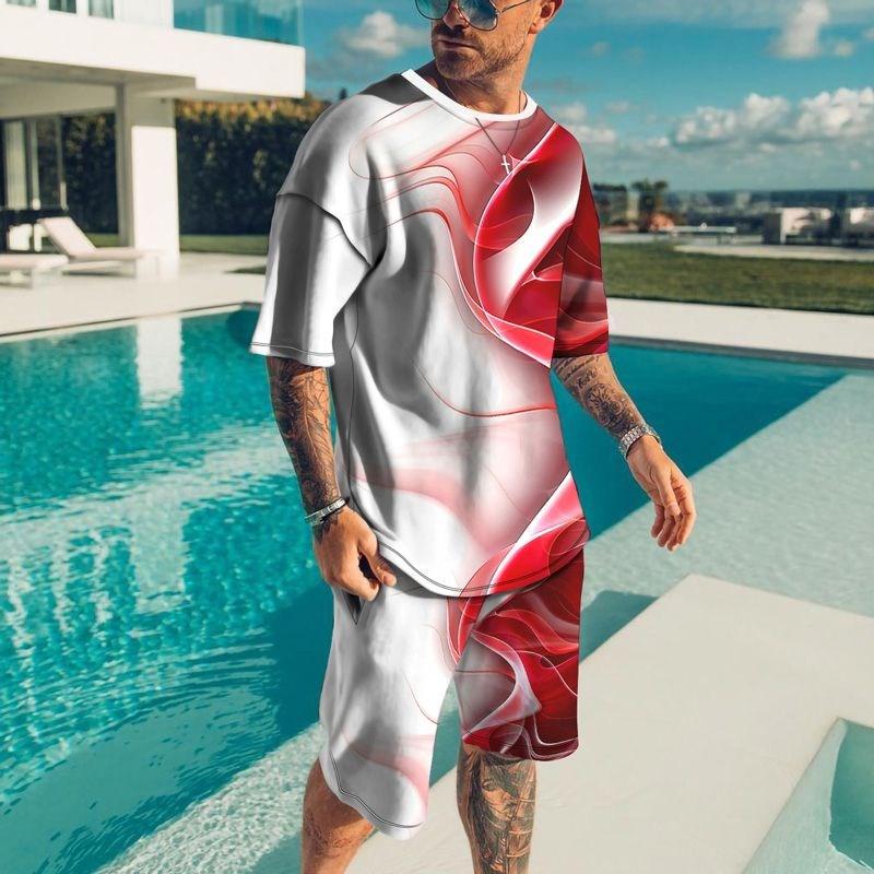New Fashion T-shirt and Shorts Set Street Men's Clothing Men's Set 3D Short Sleeve Loose Casual Colorful Line Printing Suit