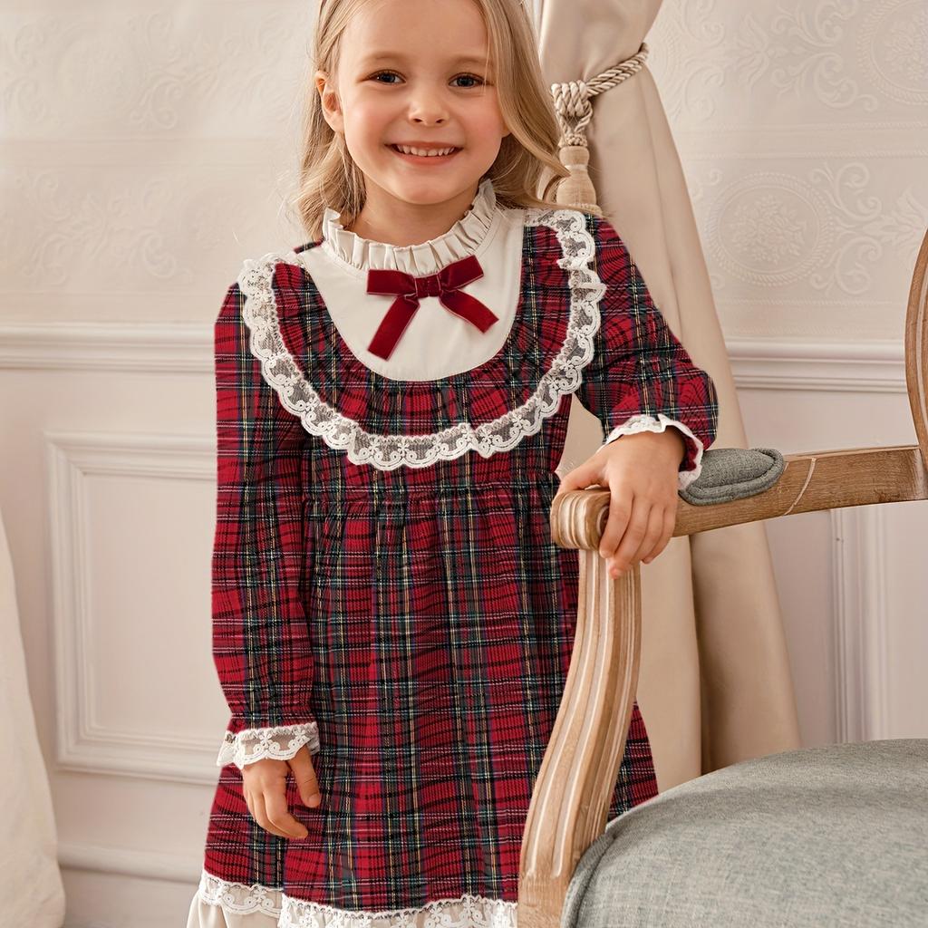 Kinderbekleidung Neues Herbst Winter Mädchen College-Stil Rüschen Karokleid