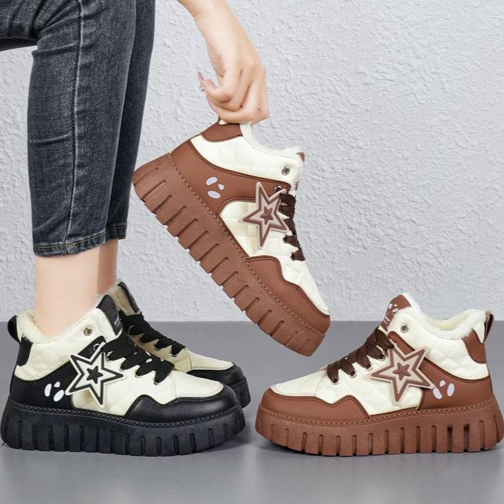 Women‘s Winter Chunky Platform Sneakers Anti-Slip Walking Shoes With Fur Lined Comfortable Lace-up Snow Boots for Women Outdoor Warm Short Booties
