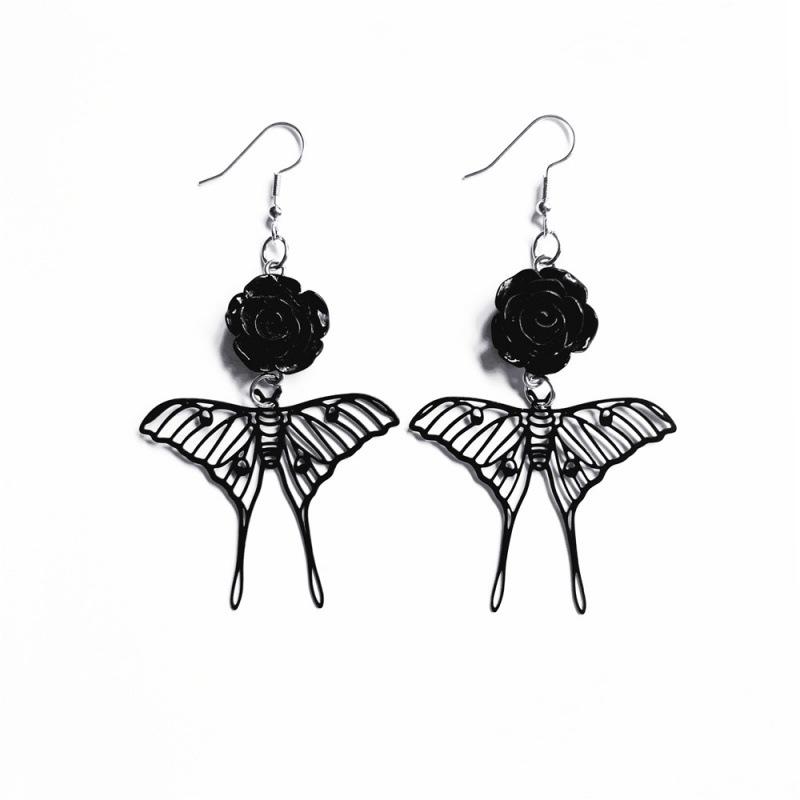 Gothic Black Rose & Snake Butterfly Earrings
