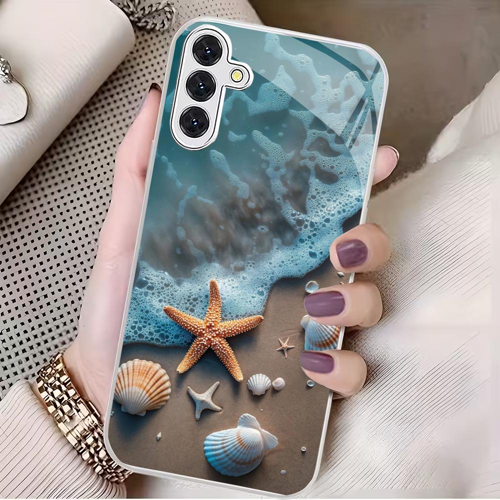 Seaside Scenery Silver Plated Glass Phone Case Suitable for Samsung Galaxy S26 S25 S24 S22 S21 S20 FE/Ultra/Plus Anti Drop
