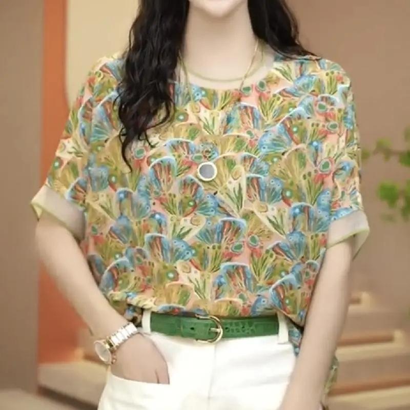 

Summer Fashion Women T-shirt Short-sleeved Chiffon Fashionable Outerwear with Small Shirt and Slim Top 3XL зелений